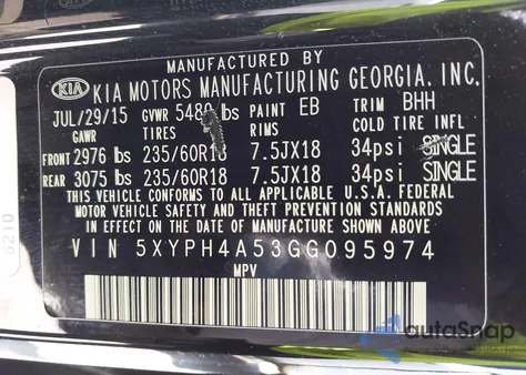 2016 Kia Sorento 3.3L Ex from USA, damaged, VIN 5XYPH4A53GG095974